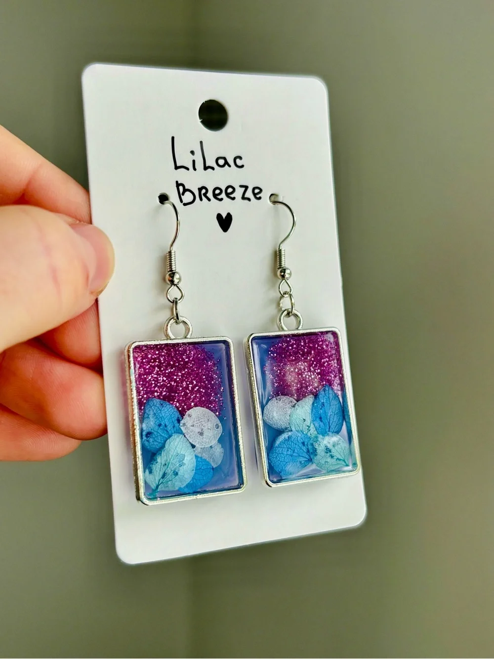 Lilac Breeze Resin Rectangle Earrings Handmade Real Dried Flower Botanical